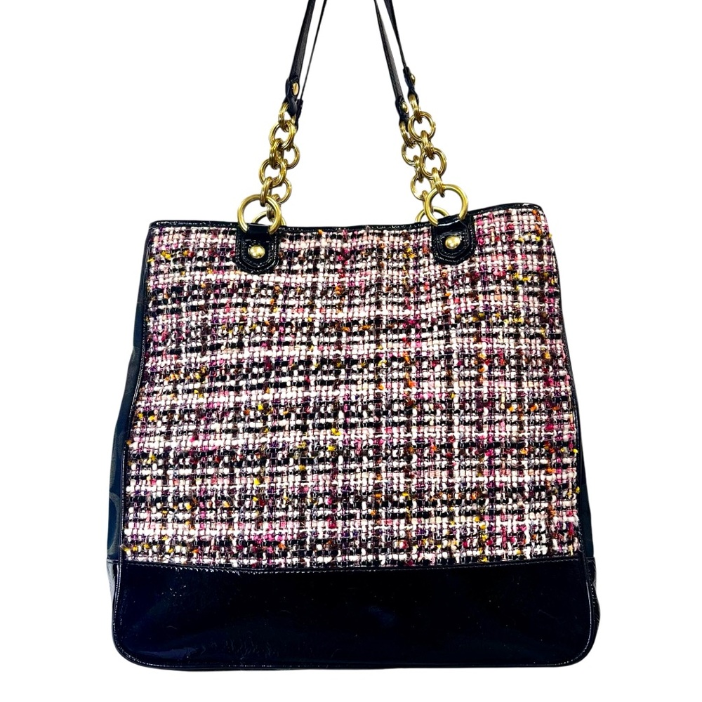 RARE COACH POPPY GALAXY TWEED TOTE PATENT LEATHER TRIM PUSHLOCK 2 TAGS & CHARM - Picture 2 of 15